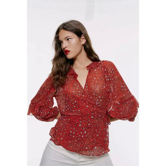 Zara RED animal print WRAP blouse V neck tie close sheer ruffle size M medium - Picture 6 of 15